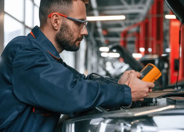 Yellow colored device for measuring electricity is in hands. Car repairman is in the garage with automobile.